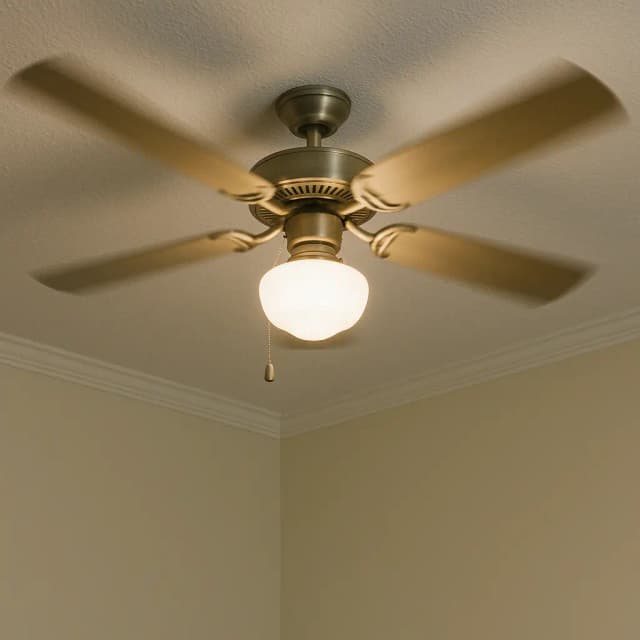 Brand new ceiling fan being installed and powered up for the first time