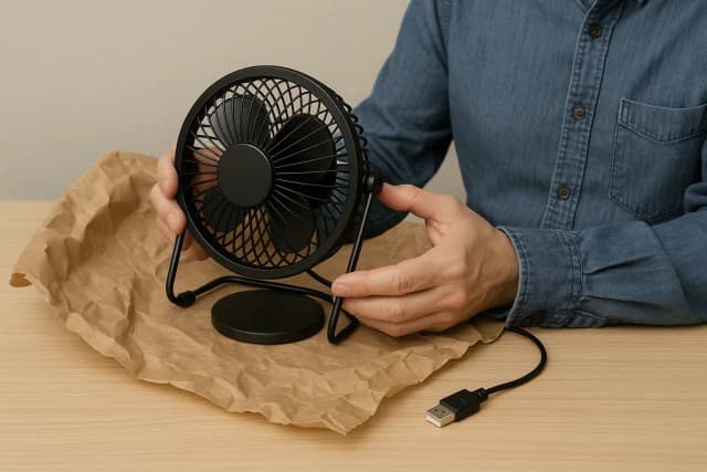 Small USB fan being unboxed and assembled for first use