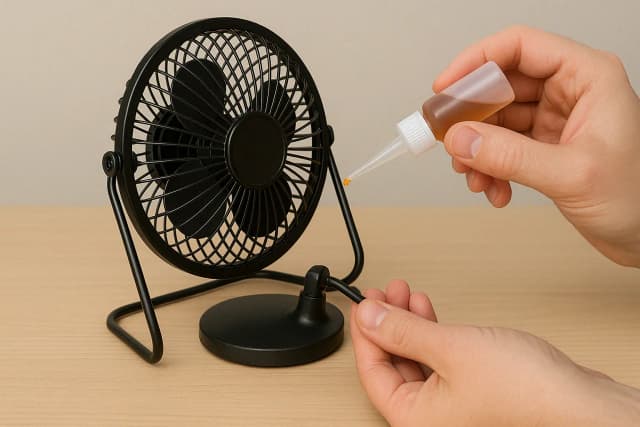 Desktop fan being cleaned with a damp cloth and dusting brush