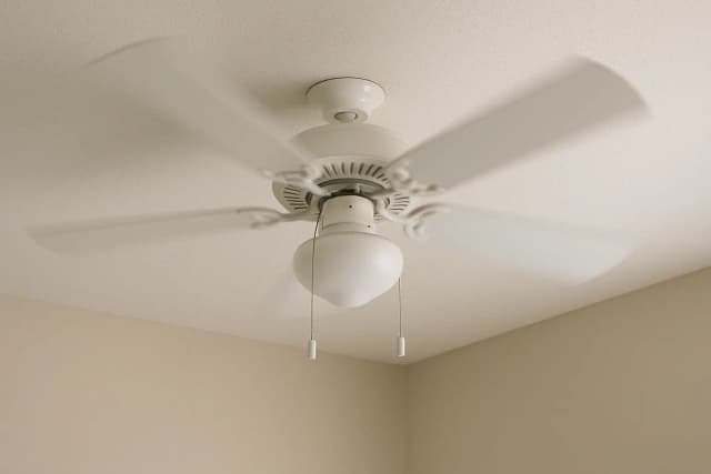 Ceiling fan running on high speed showcasing continuous operation