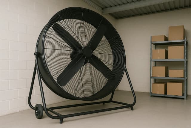 Massive industrial fan creating powerful airflow in warehouse environment