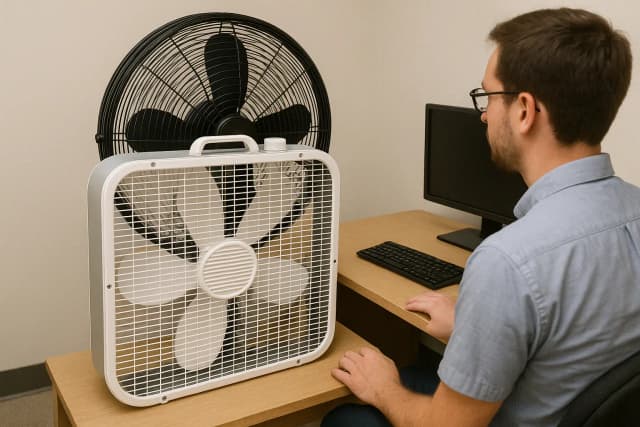 Box fan being maintained with the back panel removed showing internal components