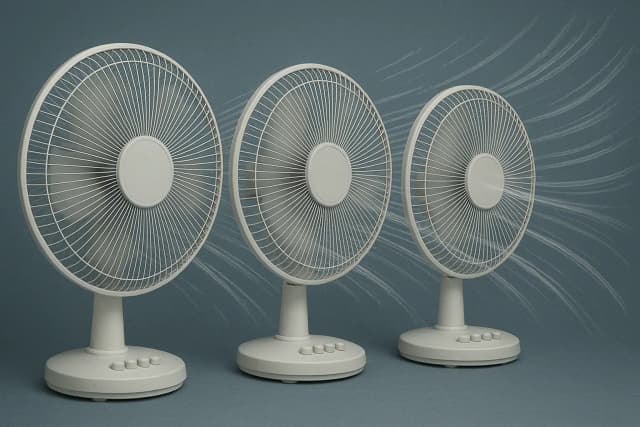 Three desktop fans arranged in sequence creating a powerful airflow corridor